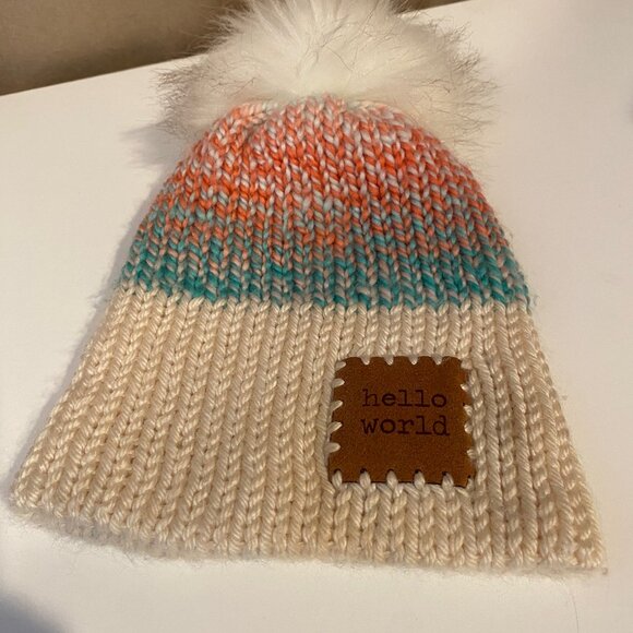 Hello World Baby Beanie with‎ Puff Pom – Knit Winter Hat - Picture 1 of 4
